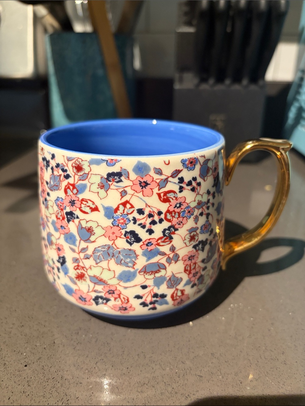Floral Ceramic Mug with Gold Handle - Blue & Pink